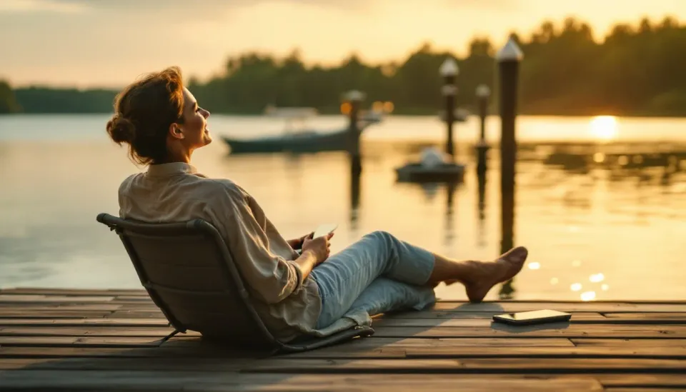 A business owner relaxing on a lake dock in the evening, phone set aside