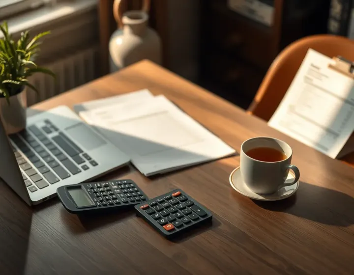 A calm desk with a laptop, a calculator and a stack of paperwork