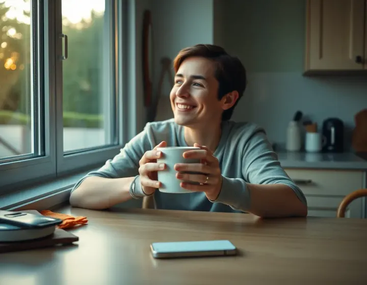 A person enjoying a morning coffee at the kitchen table, smiling at the window