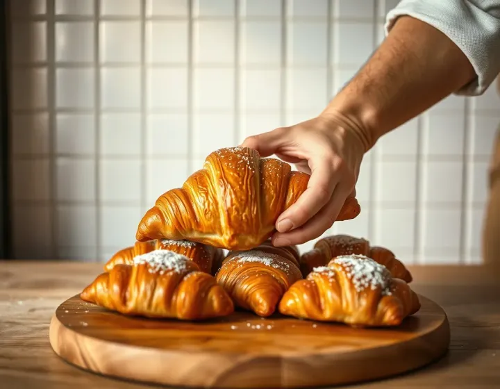 A baker placing a fresh croissant on a wooden board
