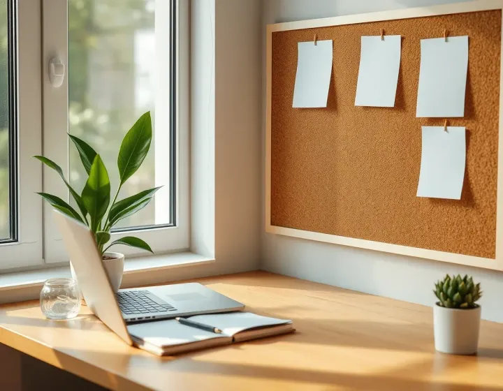 A bright desk by a window with a laptop, a notebook and a cork board of blank notes