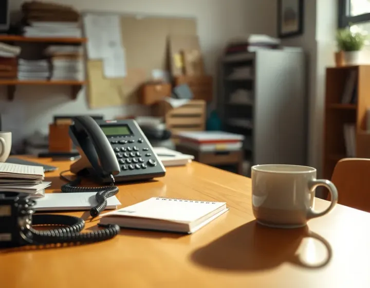 A desk phone ringing on a tidy front desk