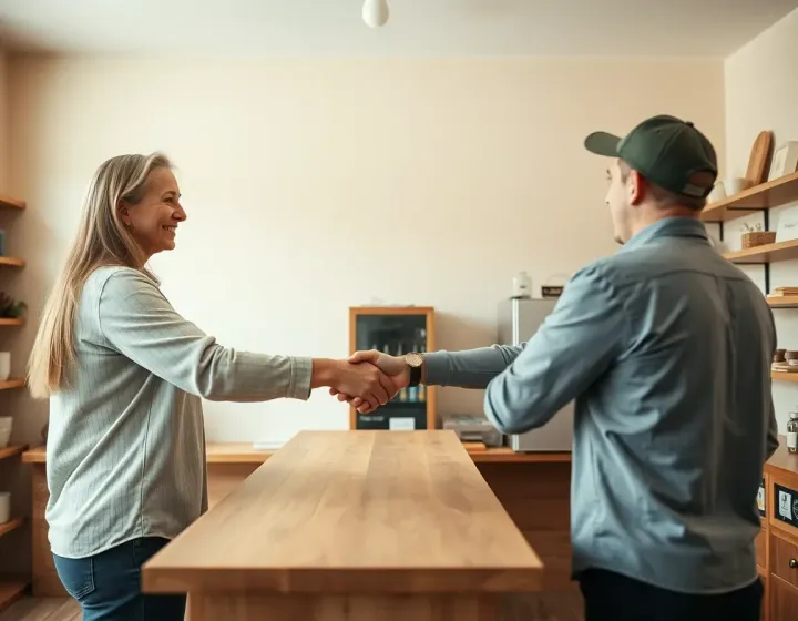 Two people shaking hands across a shop counter
