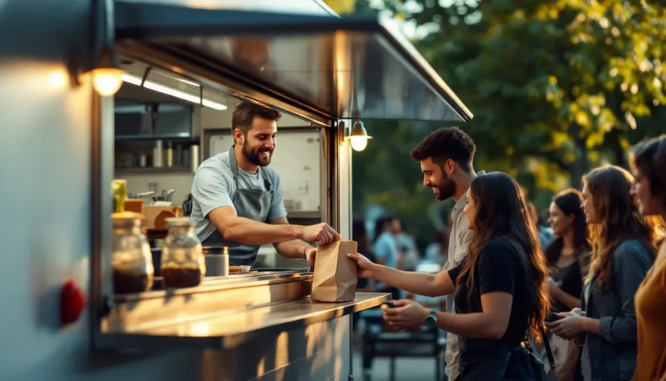 A food truck at the lunch rush with a line of customers