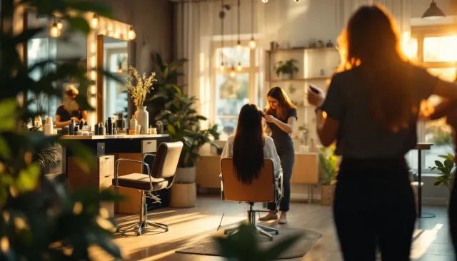 A bright salon with a stylist at work in the chair