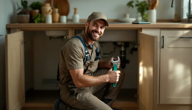 A plumber kneeling at an open sink cabinet with a wrench, a phone on the counter above