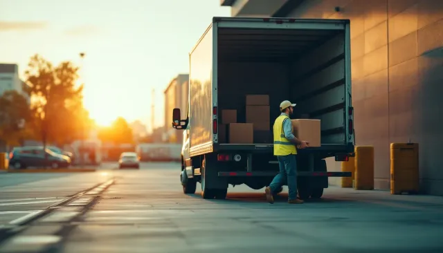 A mover loading a box truck at a dock at dawn